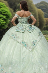 Mint Green Quinceanera Dress Off-Shoulder Ball Gown with Floral Appliques & Lace-Up Bow for Sweet 16 & Birthday Parties